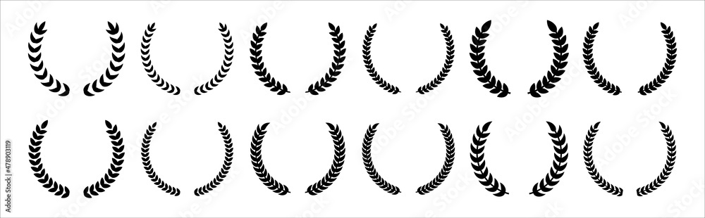Laurel wreath icon set. Assorted foliage and wheat wreath vector icons set. Round leaf wreath design for trophy crest, award and achievement border. Vector illustration