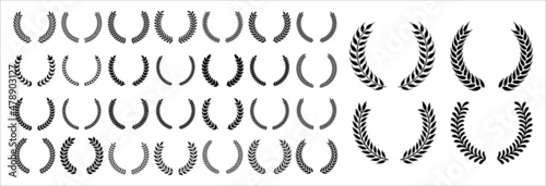 Laurel wreath icon set. Assorted foliage and wheat wreath vector icons set. Round leaf wreath design for trophy crest, award and achievement border. Vector illustration collection.