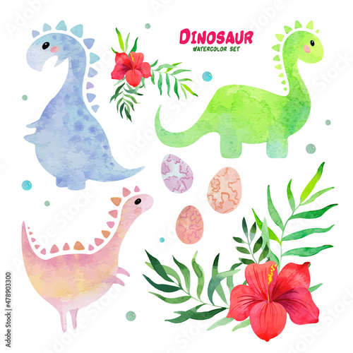 Watercolor set with cute little dinosaurs and tropical flowers