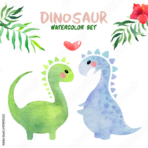 Watercolor set with cute little dinosaurs and tropical flowers