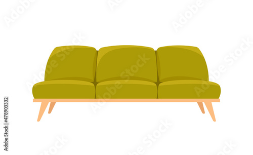 Living room furniture concept. Sticker with soft green sofa without armrests with long wooden legs. Interior design. For three persons. Cartoon flat vector illustration isolated on white background