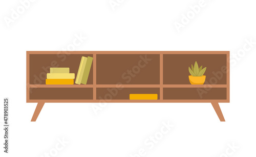Living room furniture concept. Sticker with beautiful wooden bookcase or TV stand. Interior design element for apartment or house. Cartoon flat vector illustration isolated on white background