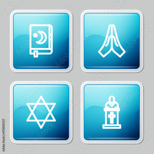 Set line Holy book of Koran, Hands in praying position, Star David and Church pastor preaching icon. Vector