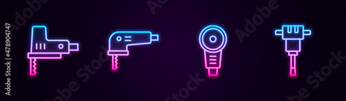 Set line Electric jigsaw, , Angle grinder and Construction jackhammer. Glowing neon icon. Vector