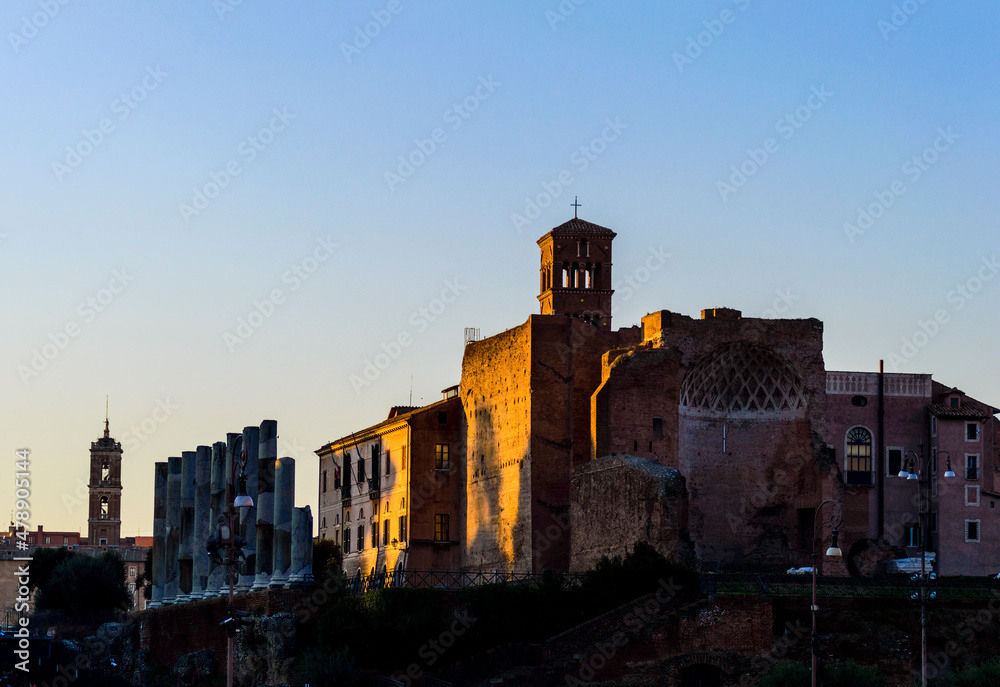 Temple of Venus and Roma and Santa Francesca Romana in Rome, Italy, in the sunset light
