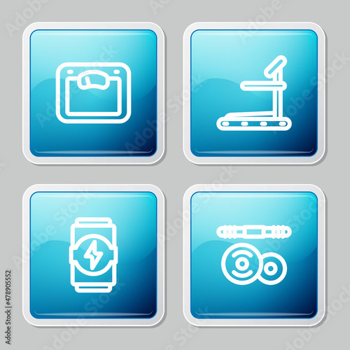 Set line Bathroom scales, Treadmill machine, Energy drink and Barbell icon. Vector