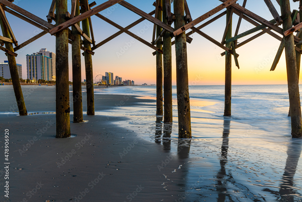 Sunrise on Second Avenue Beach With The Boardwalk In The Distance, Myrtle Beach, South Carolina, USA
