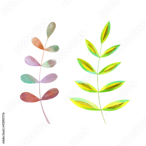 Watercolor set with fresh tropical leaves