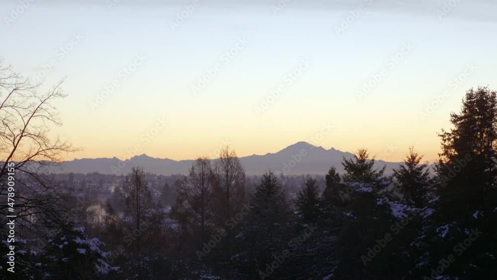 Stunning sunset landscape, Mt Baker in background. Static Stunning sunset landscape, Mt Baker in background. Static