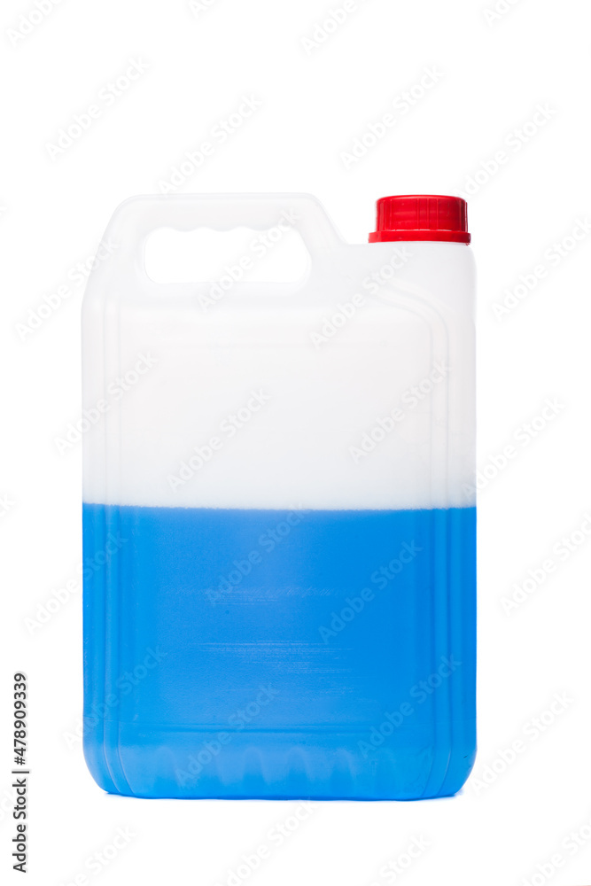Antifreeze coolant in plastic 5 liter canister. Blue liquid for car engine. Half full or half empty container isolated on white background.. Antifreeze coolant in plastic 5 liter canister. Blue liquid for car engine. Half full or half empty container isolated on white background..