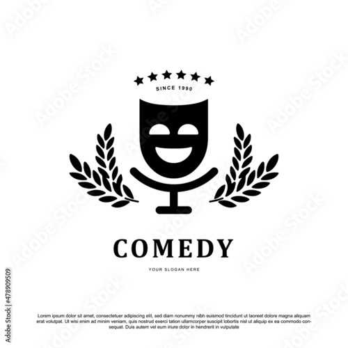 Creative vintage comedy logo design. Comedy mask with star and wheat or grain vector