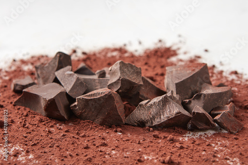 Pieces of chocolate lying in cocoa powder