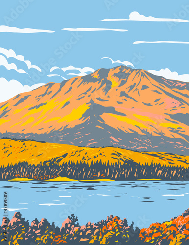 WPA poster art of Fallen Leaf Lake during fall in El Dorado County, California near California Nevada state border south west of Lake Tahoe, United States done in works project administration style.
