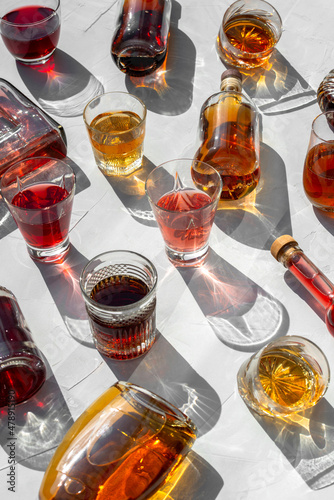 Background of alcohol drinks on table photo