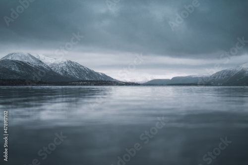 Cloudy landscape on the cold lake