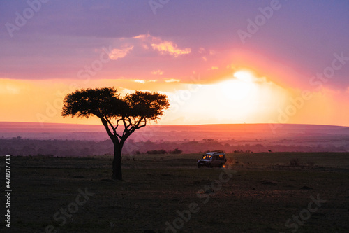 Car riding in savanna on evening