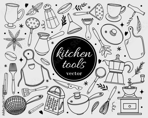 Kitchen tools set of vector icons. Hand-drawn illustration isolated on white background. Silhouette of the dishes - cup, frying pan, coffee maker, grater, whisk, knife. Sketch of food, doodles.