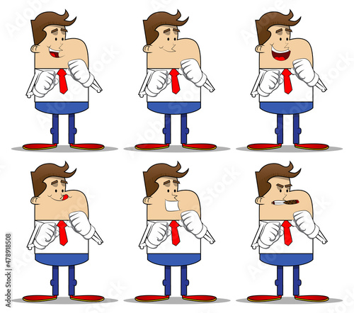 Simple retro cartoon of a businessman holding his fists in front of him ready to fight. Professional finance employee white wearing shirt with red tie.