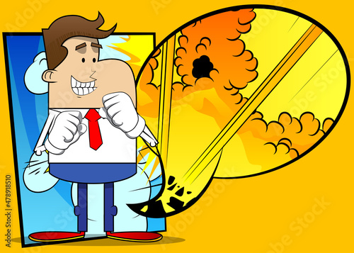 Simple retro cartoon of a businessman holding his fists in front of him ready to fight. Professional finance employee white wearing shirt with red tie.