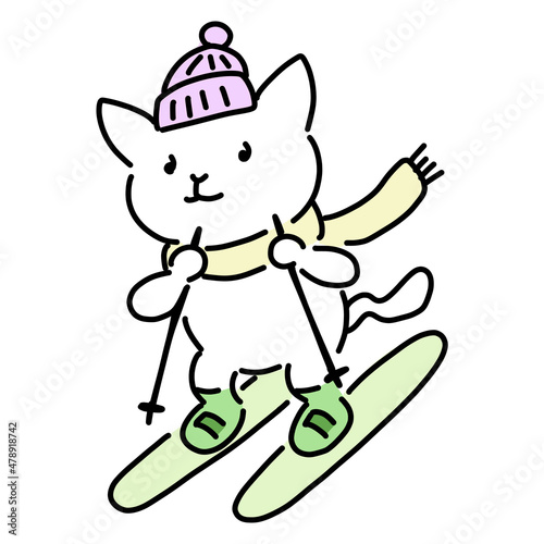 スキーをする猫のゆるいイラスト
