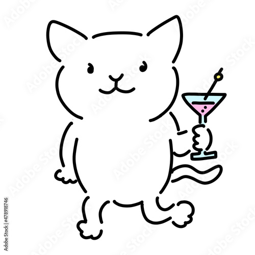 カクテルを持つ猫のゆるいイラスト
