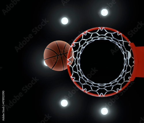 3D rendering of basketball on the hoop and lighting from the canopy stadium © Retouch man