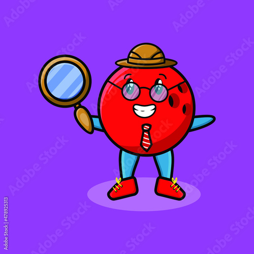Cute cartoon character Bowling ball detective is searching with magnifying glass and cute style design for t-shirt, sticker, logo element