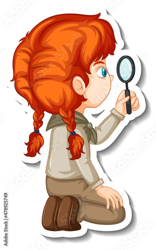 Safari girl using magnifying glass cartoon character sticker