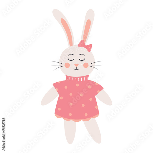 Cute rabbit girl in a dress and a bow. Christmas, Easter or Valentine's day bunny. Illustration for nursery t-shirt, kids apparel, invitation, postcard design