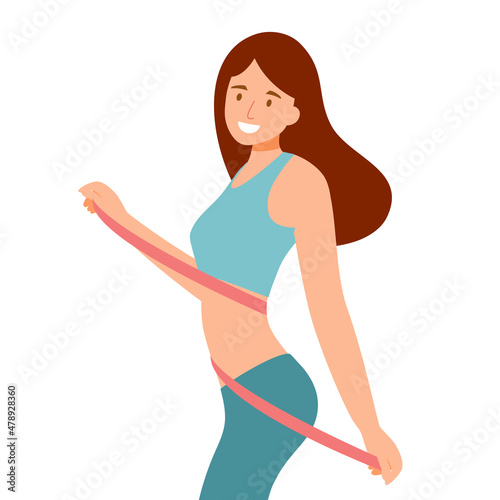 Beauty woman holding measure tape in flat design on white background. Perfect slim body shape.