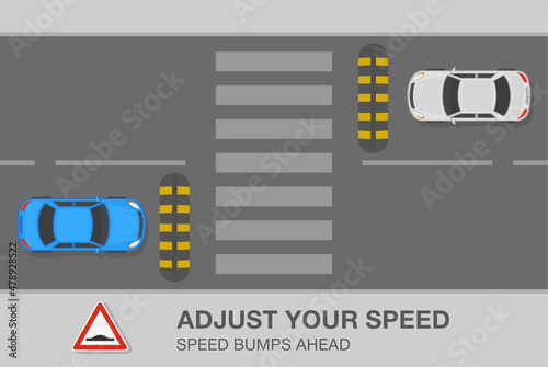 Safety car driving and traffic rules. Top view of speed bumps on a city road and warning road sign. Adjust your speed. Flat vector illustration template.