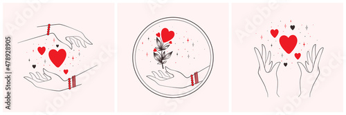 Collection of vector icons with abstract female hands and red hearts isolated on light pink background. Elegant design for logos or emblems, Valentines Day concept, cosmetic and beauty products