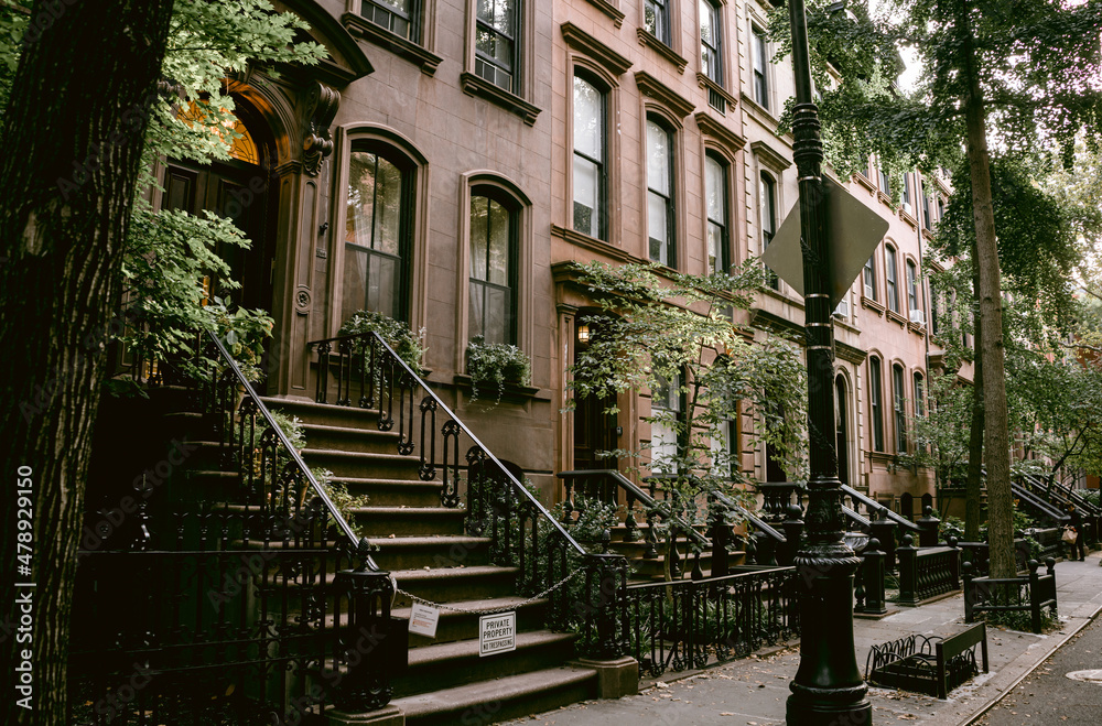 Typical facades of New York City. Brown brick houses in NYC, USA. Urban architecture Typical facades of New York City. Brown brick houses in NYC, USA. Urban architecture