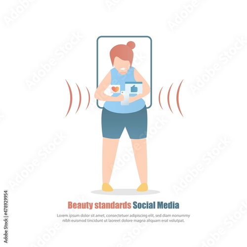 Beauty standards in Social Media ,leading to constant comparison of yourself to unrealistic,young women need recognition, likes, and followers,Vector illustration.