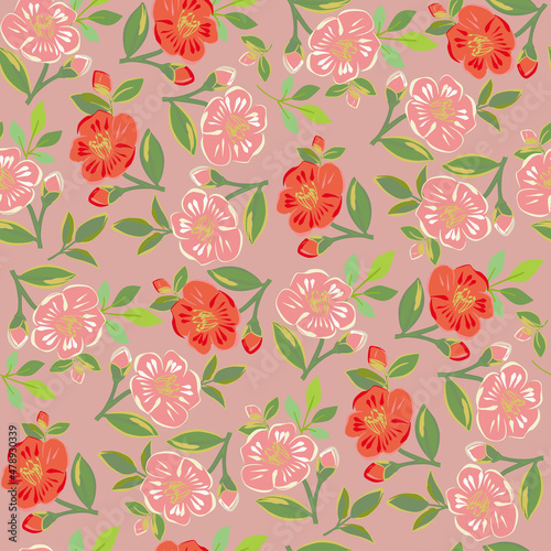 Vector red camellia flowers seamless pattern