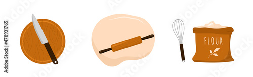 Rolled dough and rolling pin. Kitchen utensil. Preparation homemade pizza or pasta. Top view. Stay home and cook healthy food by recipe. Vector illustration in flat cartoon style.
