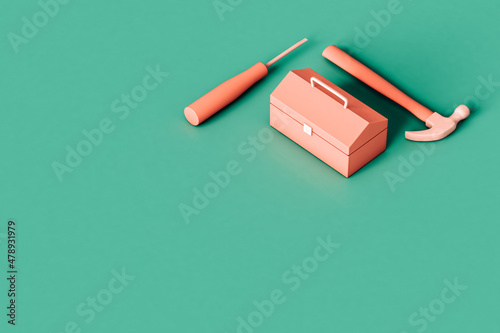 under construction. hammer, toolbox and screwdriver. 3D photo