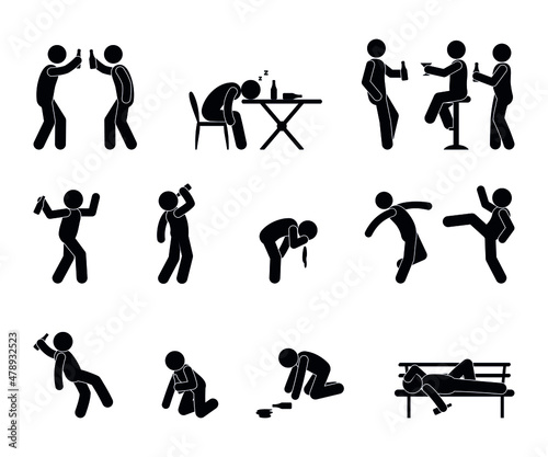 Drunk people, alcohol abuse, alcoholism illustration. A set of people with alcohol addiction, a man staggers, falls, fights. Asocial behavior under the influence of addiction.