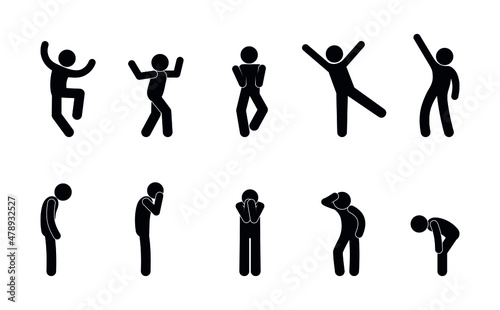 sad and cheerful people icons set, stick figure people rejoice and suffer, poses of fun and depression