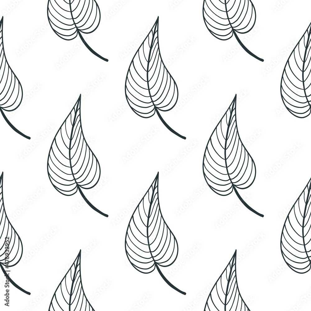 Striped leaf seamless pattern vector illustration. Background with black sheets on a white backing. Template for wallpaper, packaging and fabric