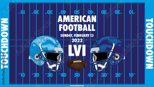 Football. American football field. American football poster template with ball and helmet clipart images. 