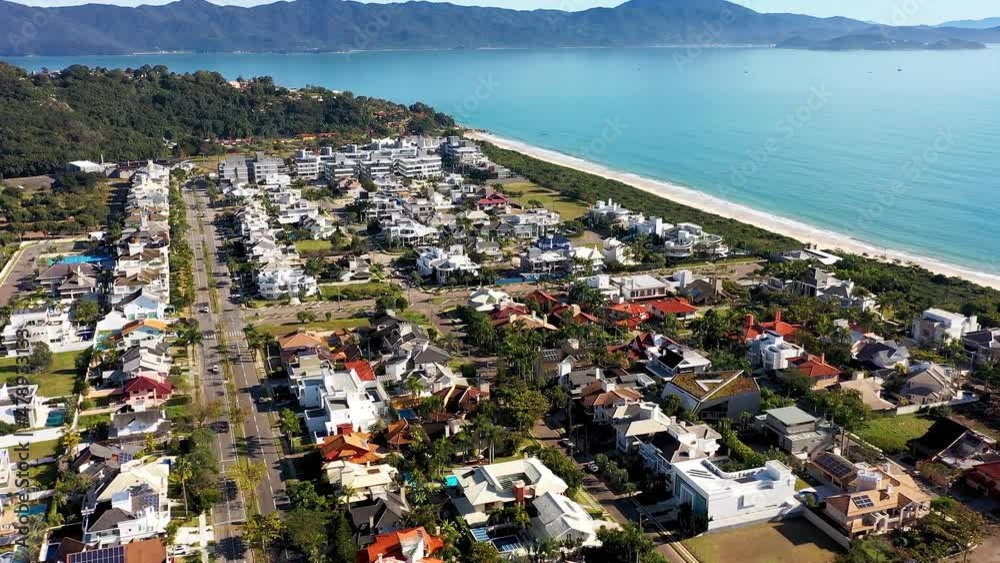 Summer travel destination. Tropical scenery. Beach landmark at brazilian state of Santa Catarina. International travel destinations landmark.