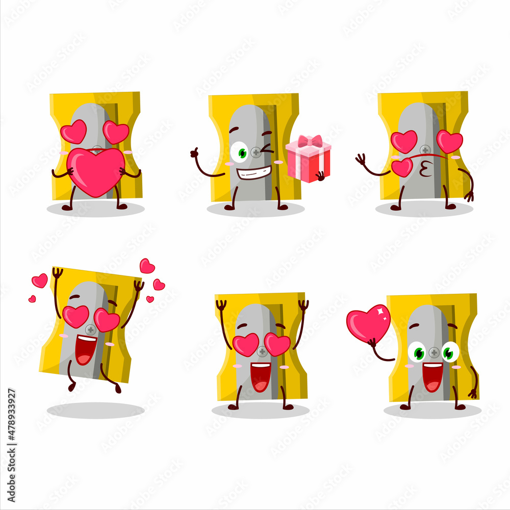 Yellow pencil sharpener cartoon character with love cute emoticon Yellow pencil sharpener cartoon character with love cute emoticon