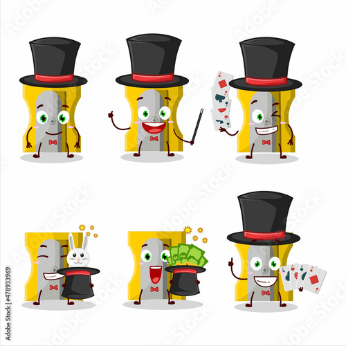 A yellow pencil sharpener Magician cartoon character perform on a stage