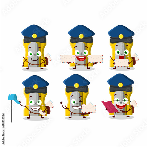 A picture of cheerful yellow pencil sharpener postman cartoon design concept