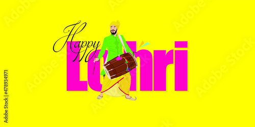 Conceptual Lohri Festival Wishing Greeting Card Design. Happy Lohri, an Indian Festival. Editable Illustration of Bhangra Playing Young Sikh on Dhol.