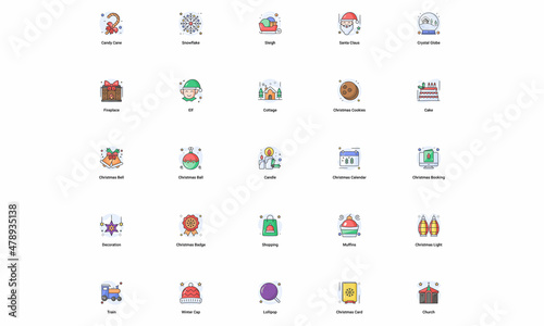 Merry Christmas and Happy New Year. unique concept flat Filled Outline Background vectors icons set.