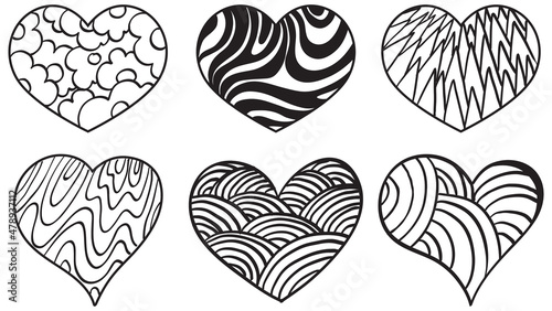 Set of different hearts in doodle style