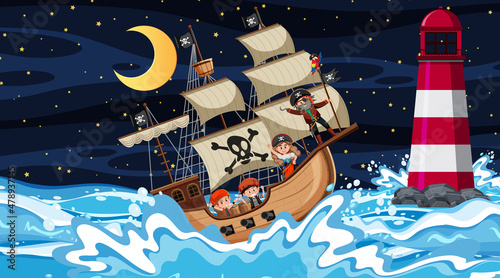 Ocean with Pirate ship at night scene in cartoon style