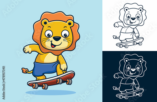 Funny lion cartoon playing skateboard